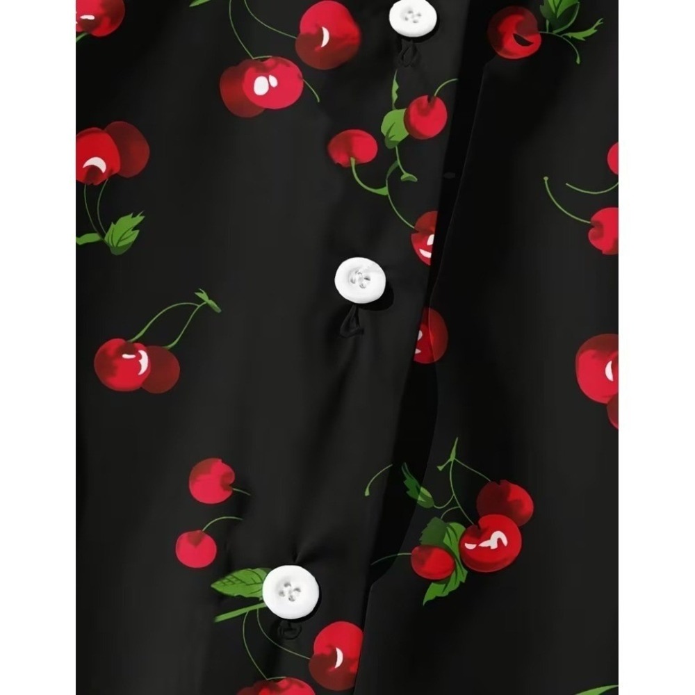 Black Cherry Print Puff Sleeve Button Down Blouse Rockabilly Retro Top | Medium - Picture 4 of 9